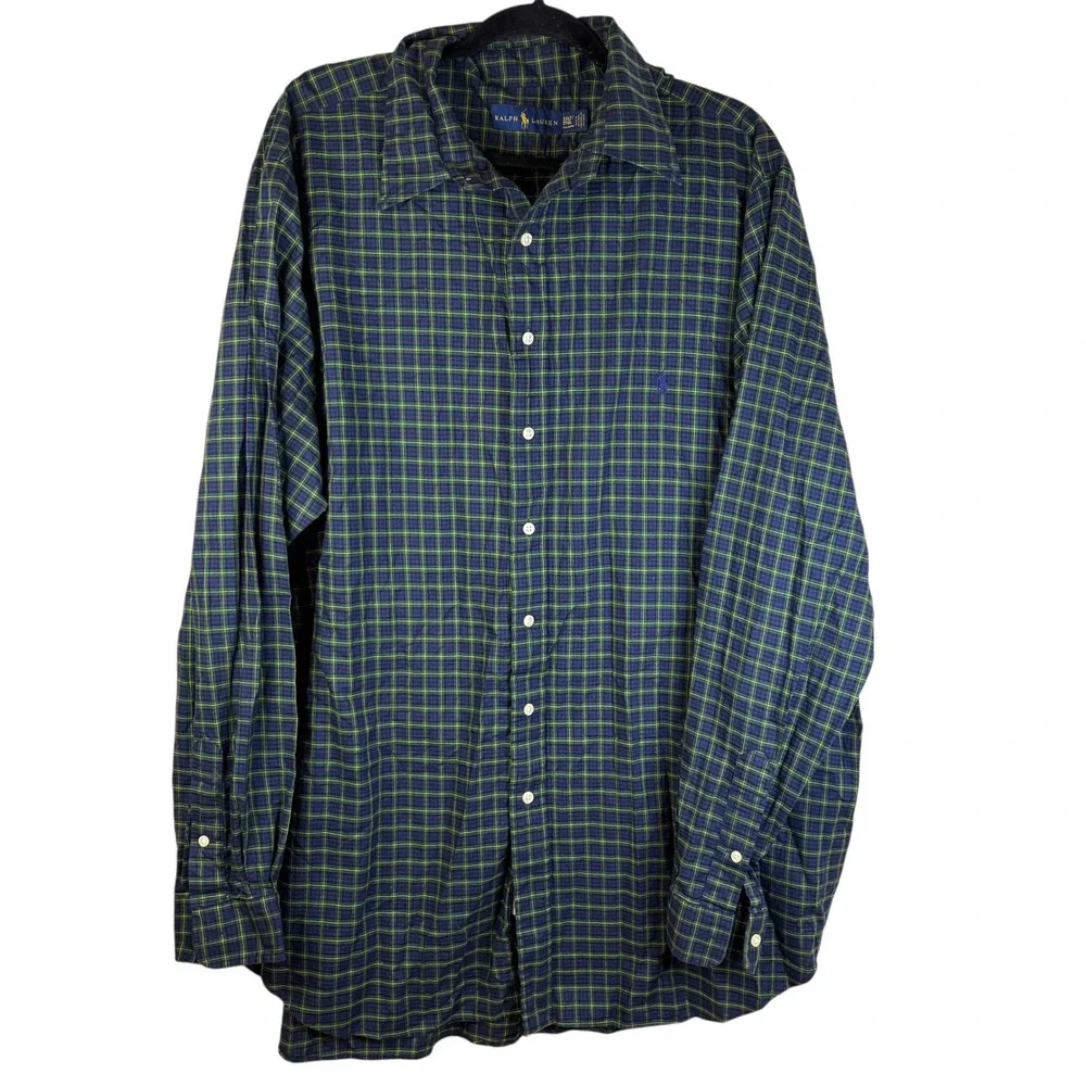 Ralph Lauren Mens 2XLT Button Down Shirt Blue Green Plaid‎ Tall Long Sleeve - Picture 4 of 8